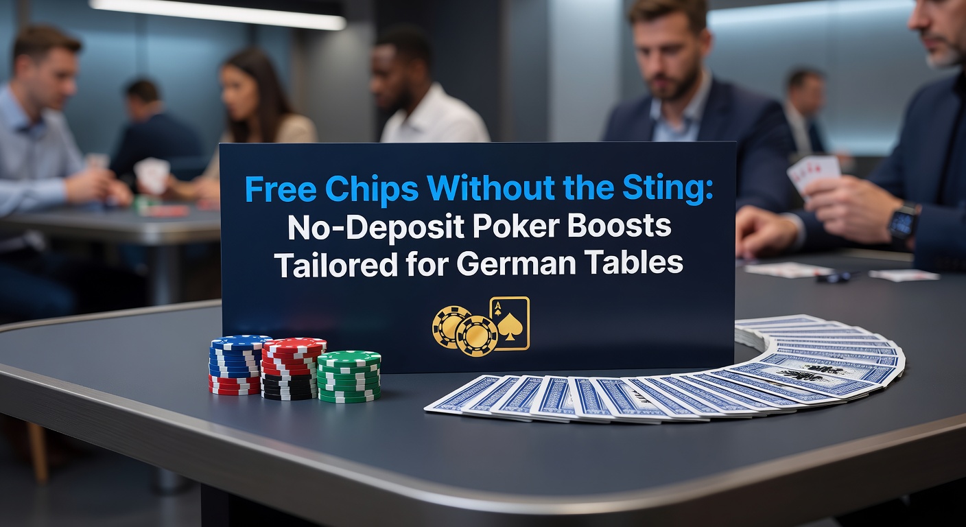 Pokerchips auf einem deutschen Pokertisch mit No-Deposit-Bonus-Symbolen, die Freiheit und risikofreies Spielen symbolisieren