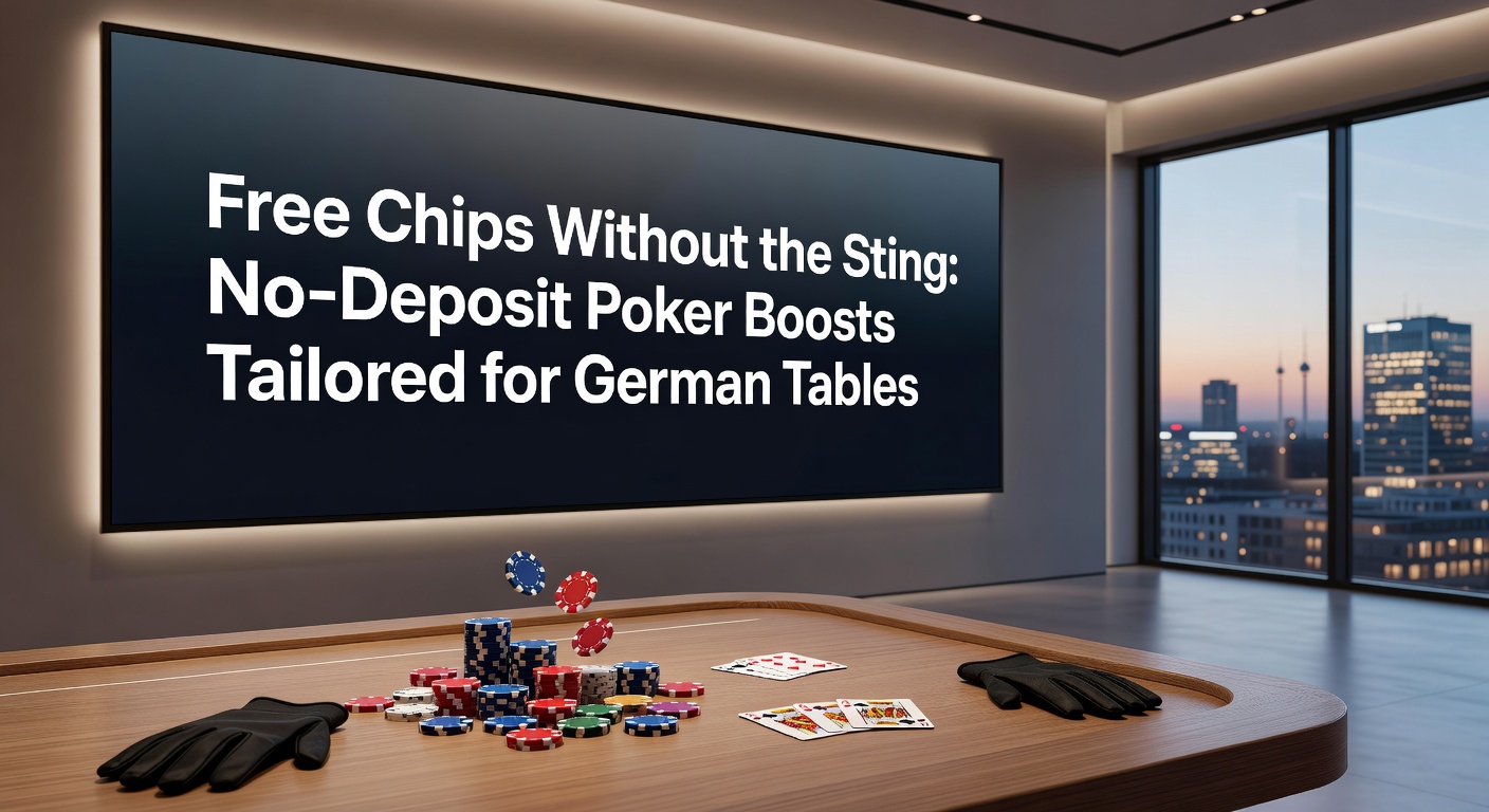Deutscher Spieler am Laptop mit No-Deposit-Bonus-Bildschirm, umgeben von Poker-Apps und Euro-Symbolen