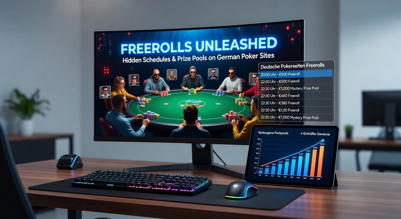 Poker-Spieler am Laptop mit Freeroll-Turnier-Overlay, das Preise und Uhren zeigt