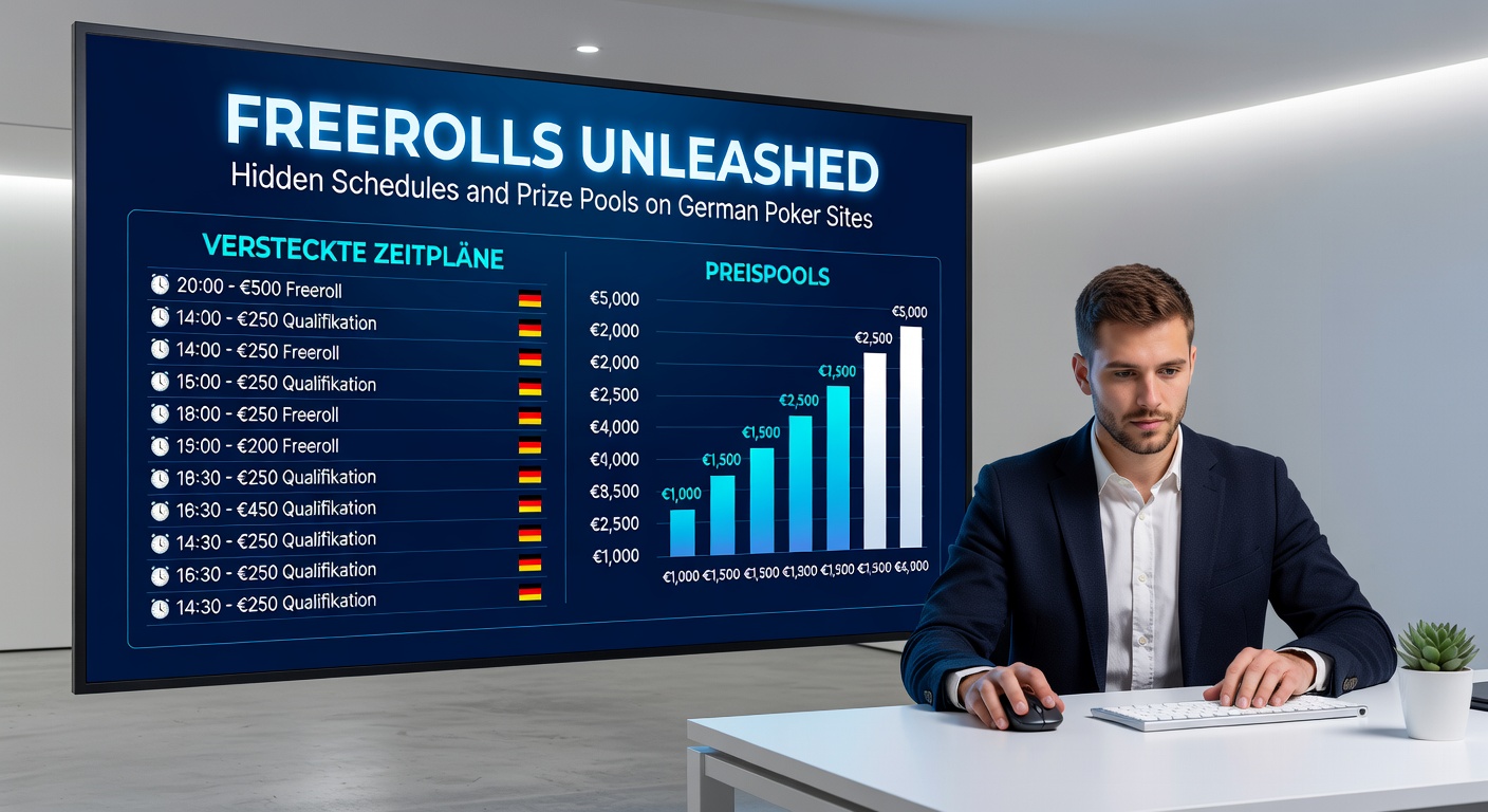 Nahaufnahme eines Freeroll-Preispools mit Uhrzeiten und deutschen Flaggen-Elementen auf einem Poker-Client