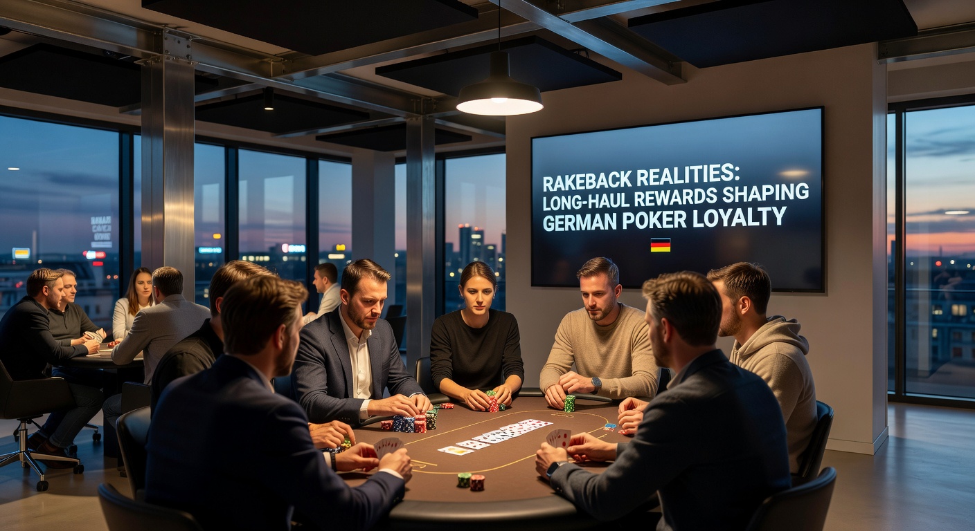 Tabelle mit Rakeback-Vergleichen und Poker-Spielern an einem Tisch, symbolisch für langfristige Rewards