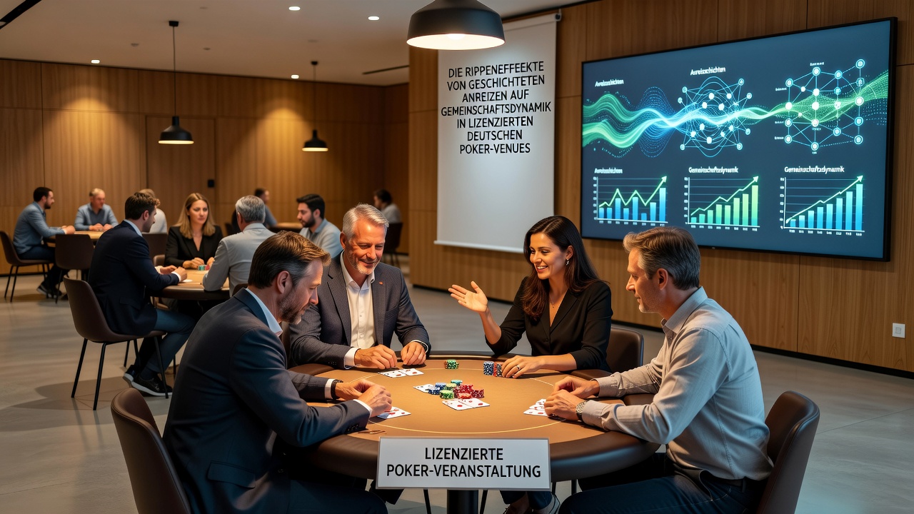 Spielergruppen interagieren in einem Poker-Venue mit Fokus auf Community-Dynamik