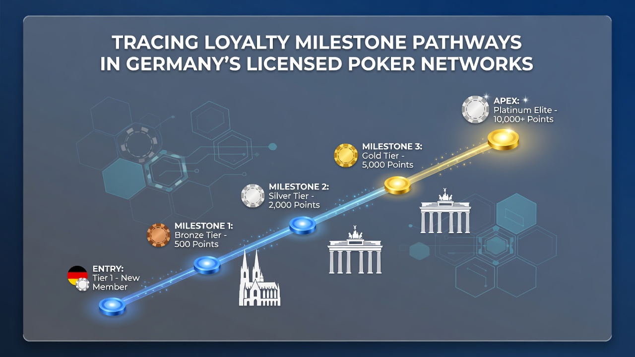 Detaillierte Darstellung von Treuepfaden mit Meilenstein-Markierungen und Spielerfortschrittsgrafiken in deutschen Poker-Netzwerken